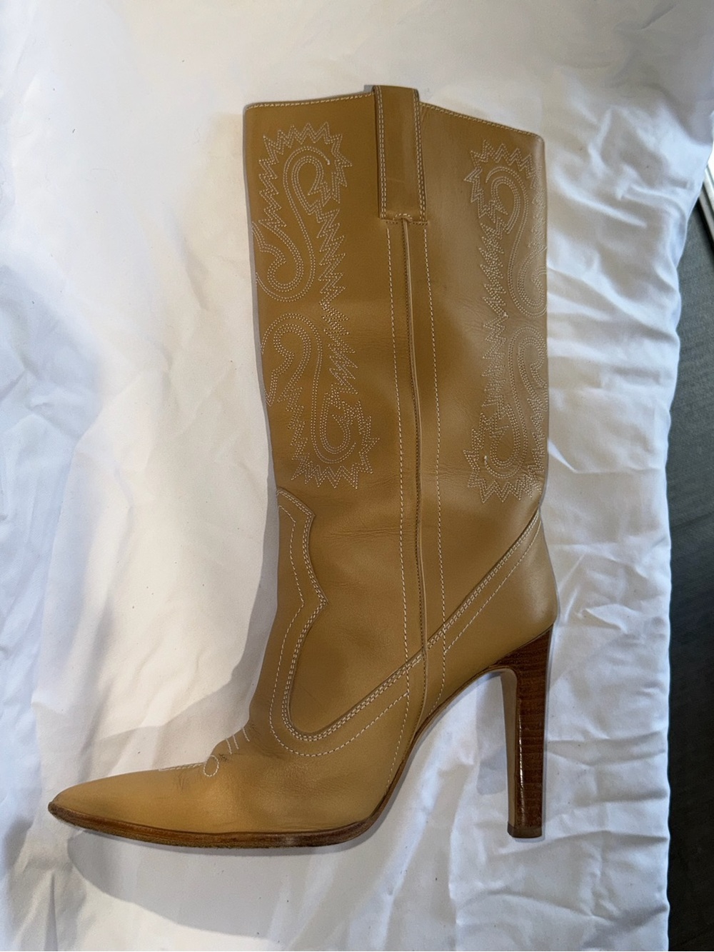 Manolo Blahnik Tan Leather Embroidered Western High-Heel Boot